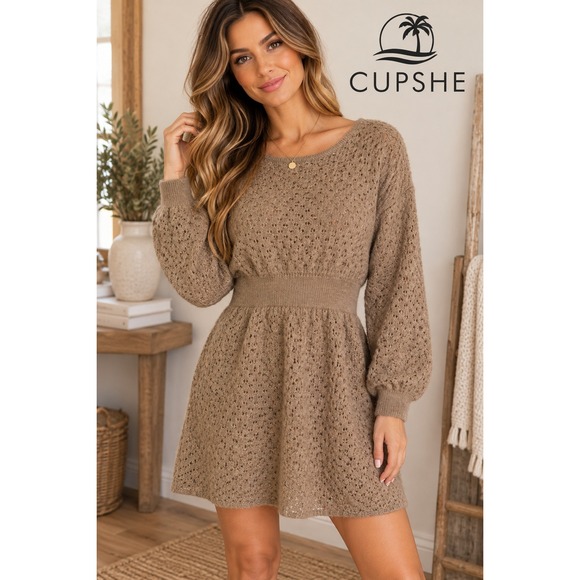 Cupshe Dresses & Skirts - Cupshe Brown Pointelle Knit Sweater Dress Long Sleeve Cinched Waist Mini Small